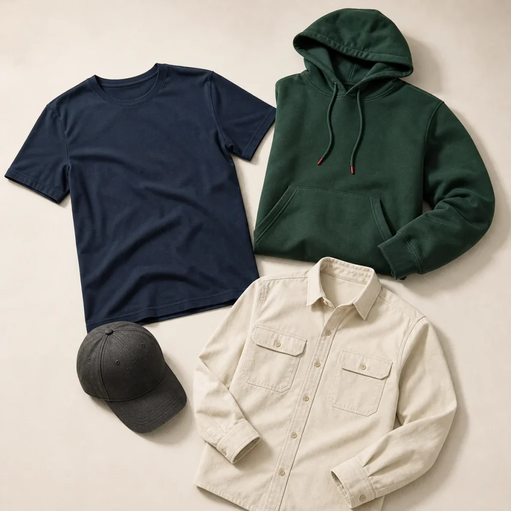 Blank promotional T-shirt, hoodie, cap and work shirt