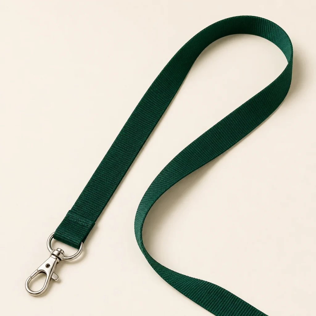 Blank forest-green event lanyard with metal clip