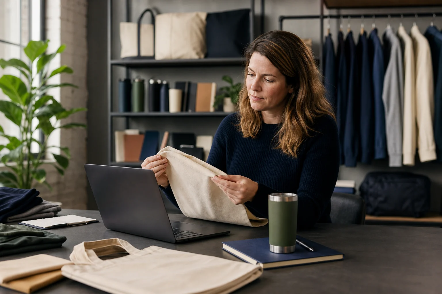 Product specialist researching and comparing promotional merchandise