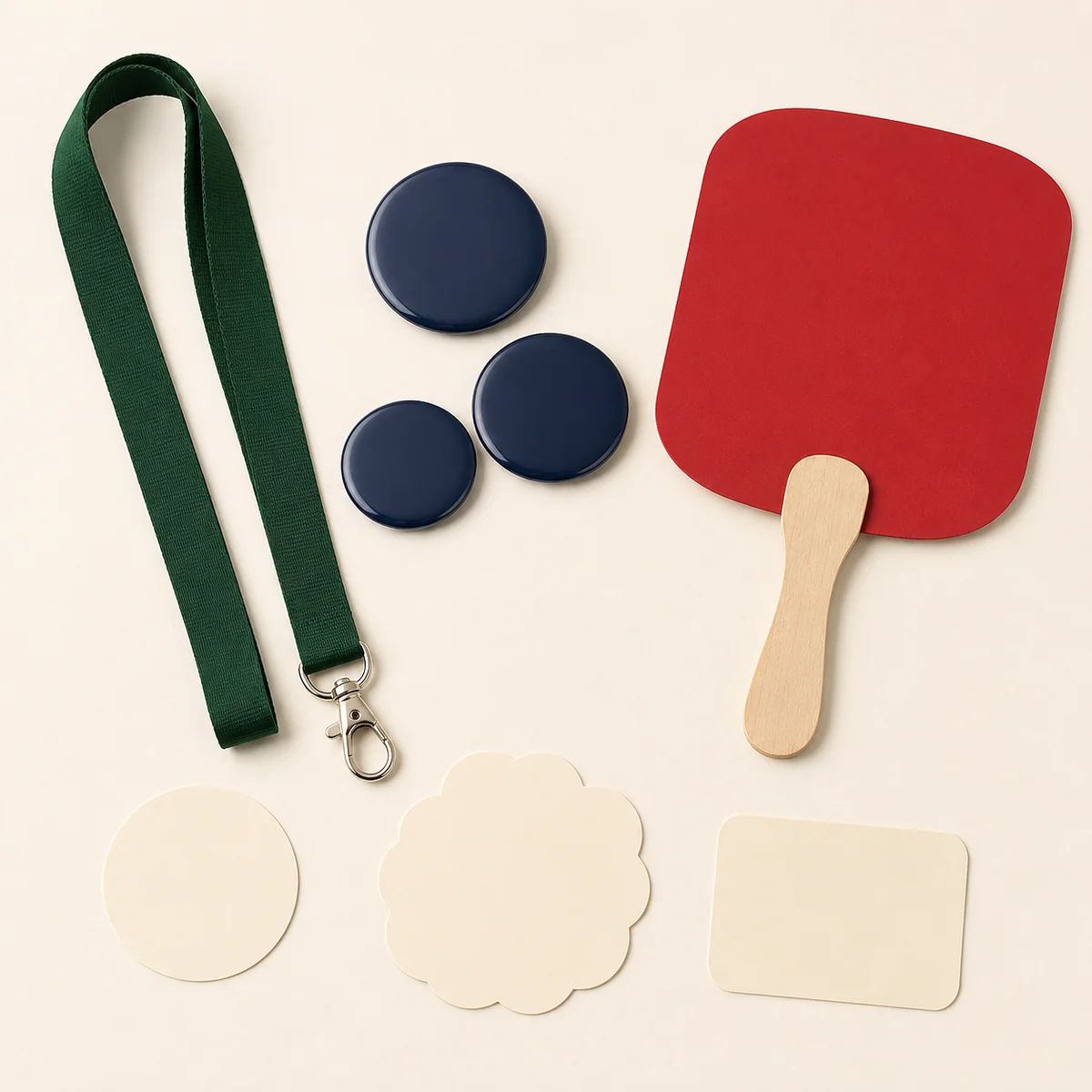 Blank lanyard, campaign buttons, decals and hand fan