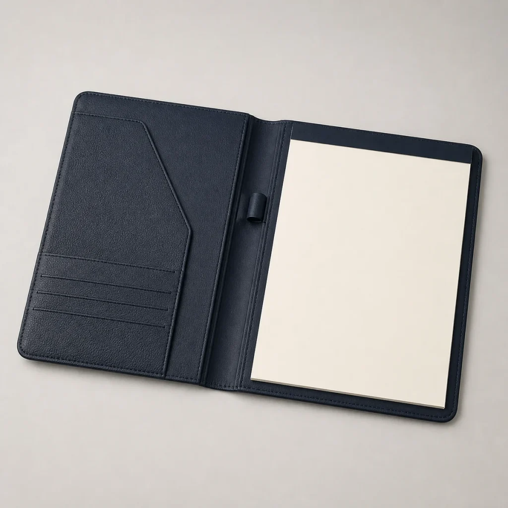 Blank navy organizer portfolio with writing pad