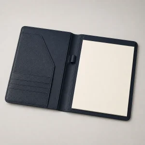 Blank navy organizer portfolio with writing pad