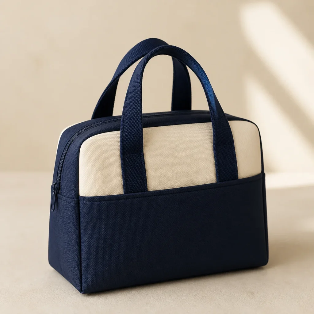 Blank navy and cream insulated lunch tote for custom branding