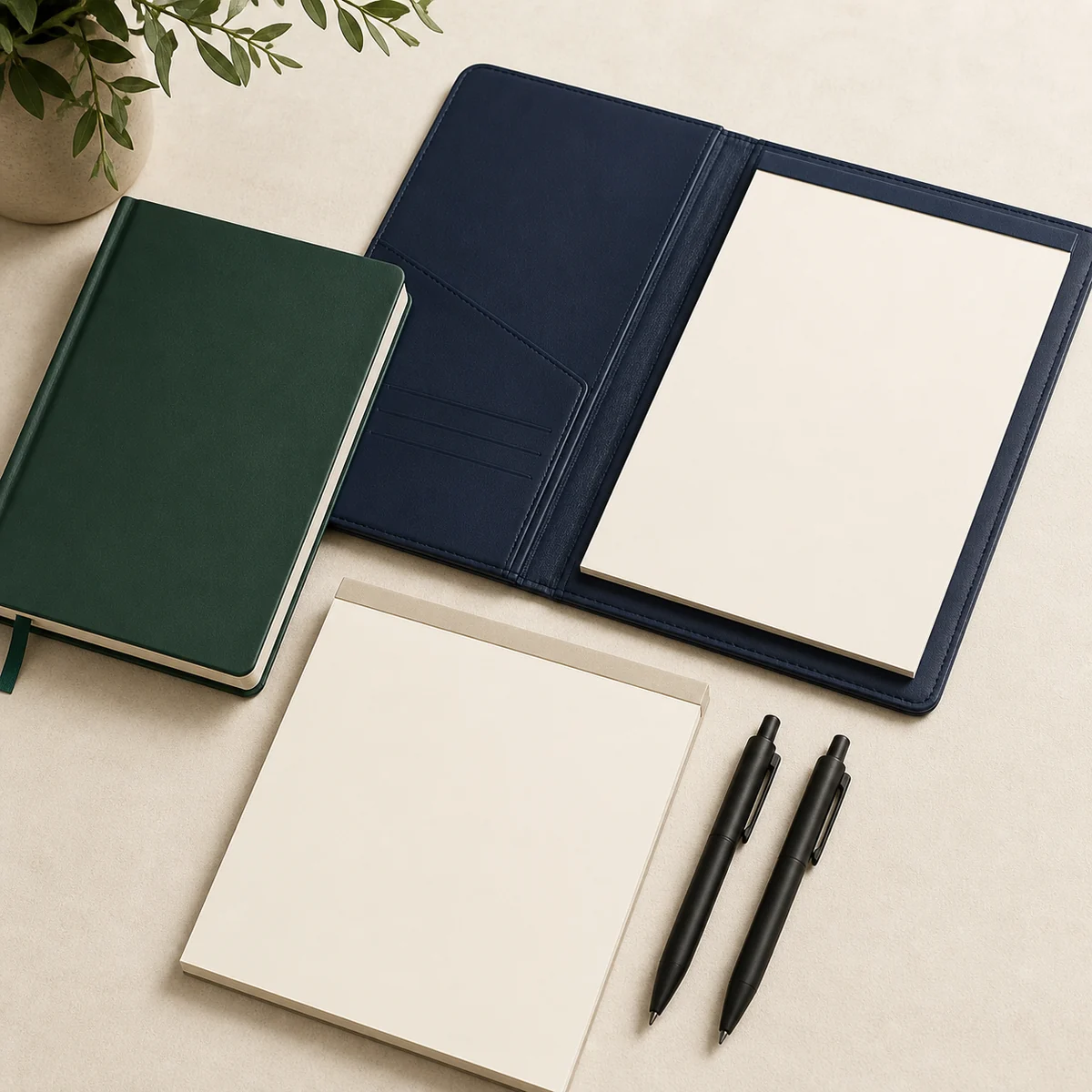 Blank notebook, padfolio, notepad and pens for promotional branding