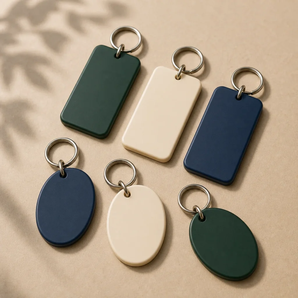 Blank promotional key tags in forest green, navy and cream