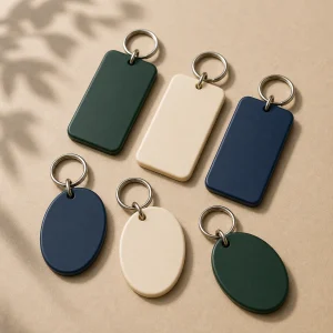 Blank promotional key tags in forest green, navy and cream