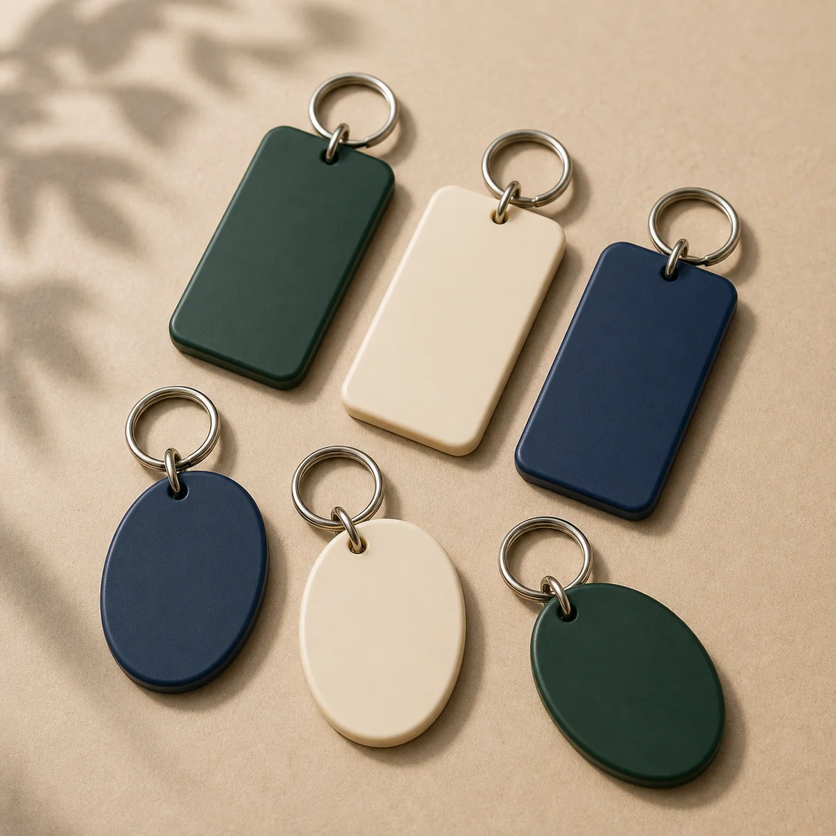 Blank promotional key tags in forest green, navy and cream