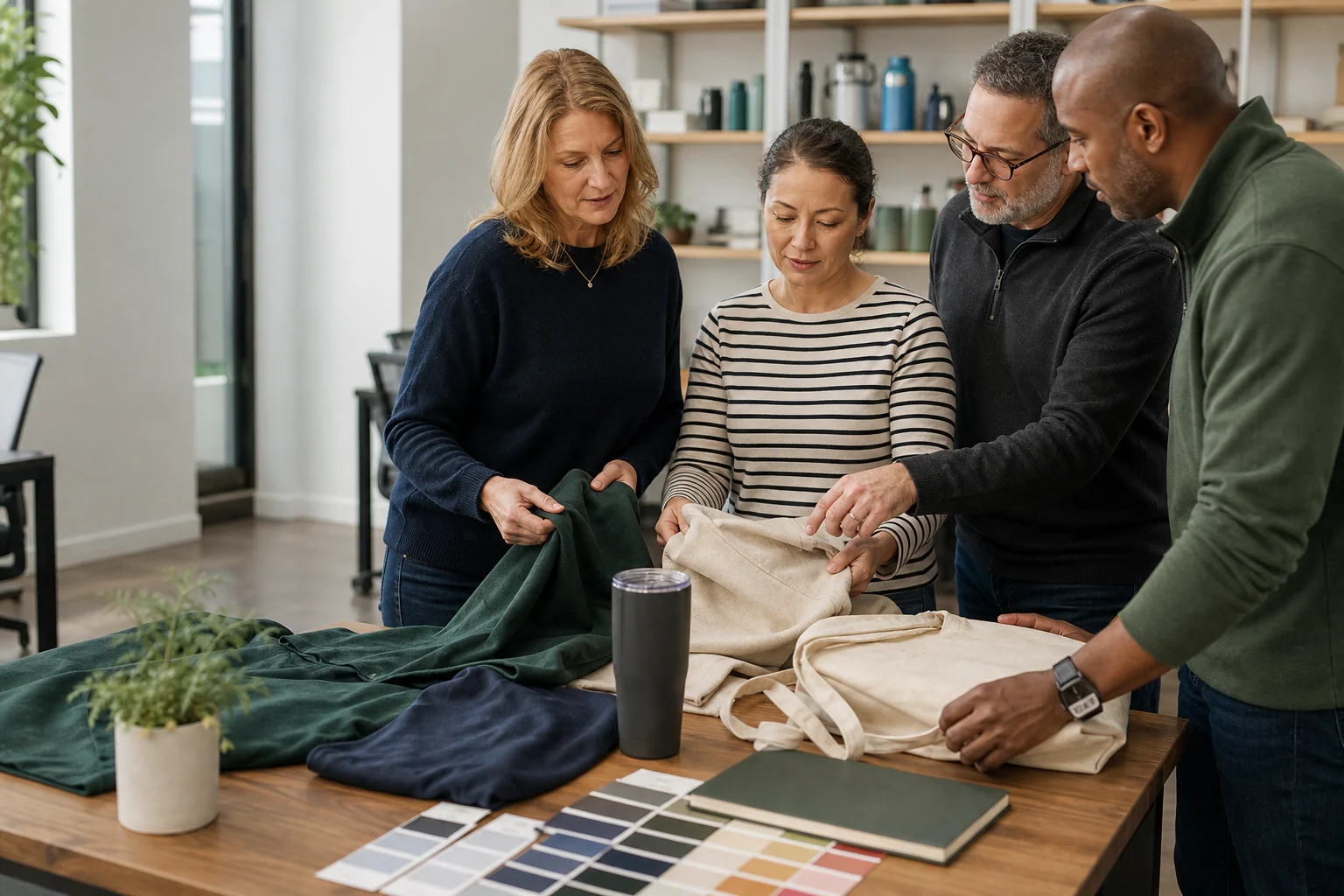 Promotional product team collaborating on merchandise selection