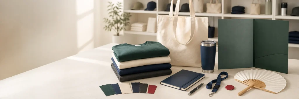 Promotional merchandise arranged for a personalized client proposal