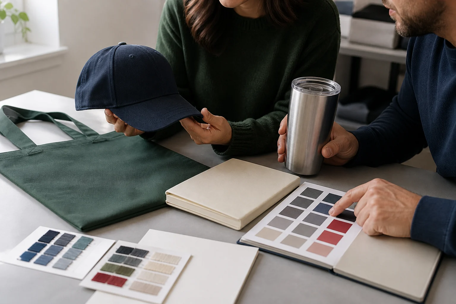 Client and product specialist reviewing promotional merchandise samples