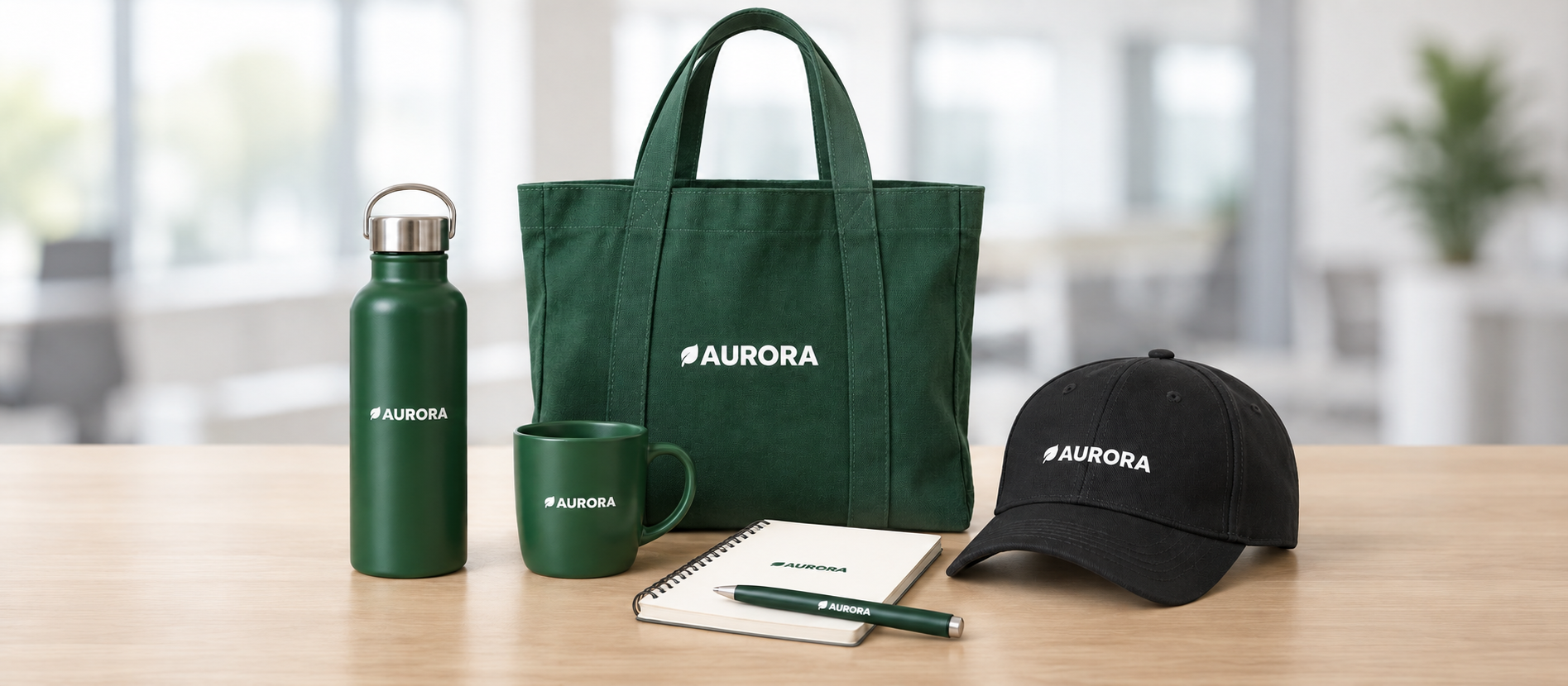 A coordinated collection of green AURORA bags, drinkware, a cap and stationery.