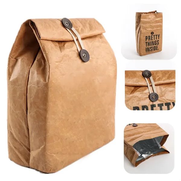 Waterproof Insulated Kraft Paper Lunch Bags With 2 Buckles