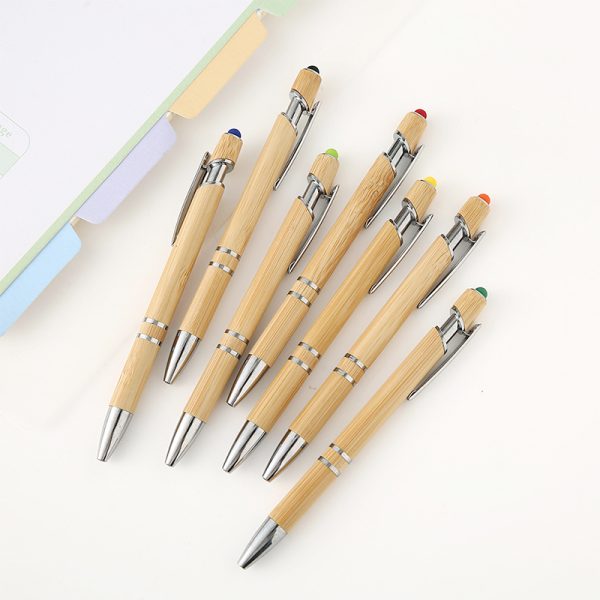 Natural Bamboo Retractable Ballpoint Pen With Stylus