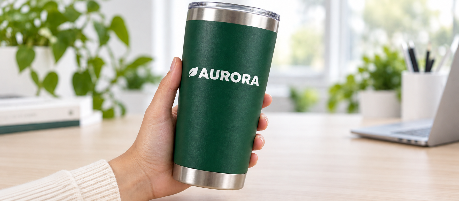 A green travel tumbler customized with the white AURORA logo.
