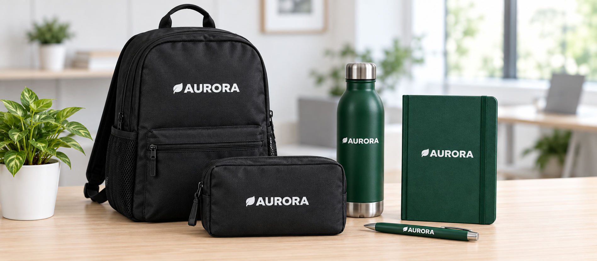 A backpack, pouch, water bottle and notebook selected for a branded product collection.