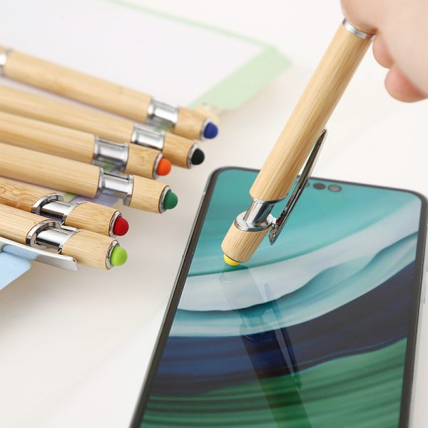 Natural Bamboo Retractable Ballpoint Pen With Stylus