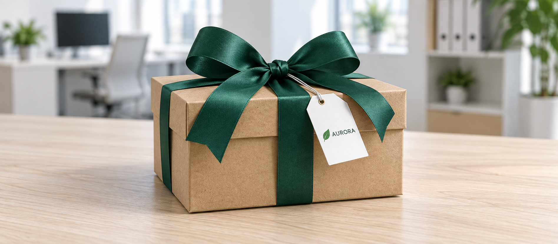 A kraft gift box tied with a green ribbon and an AURORA gift tag.