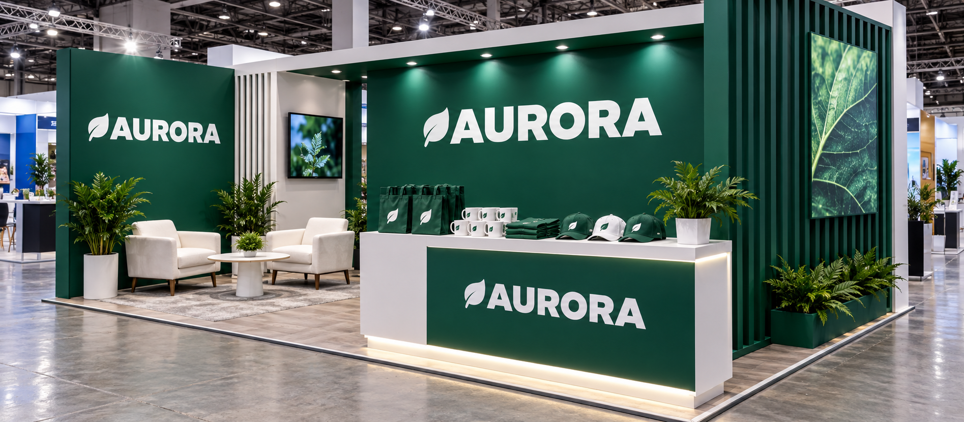 A green and white AURORA trade show booth with promotional products on display.
