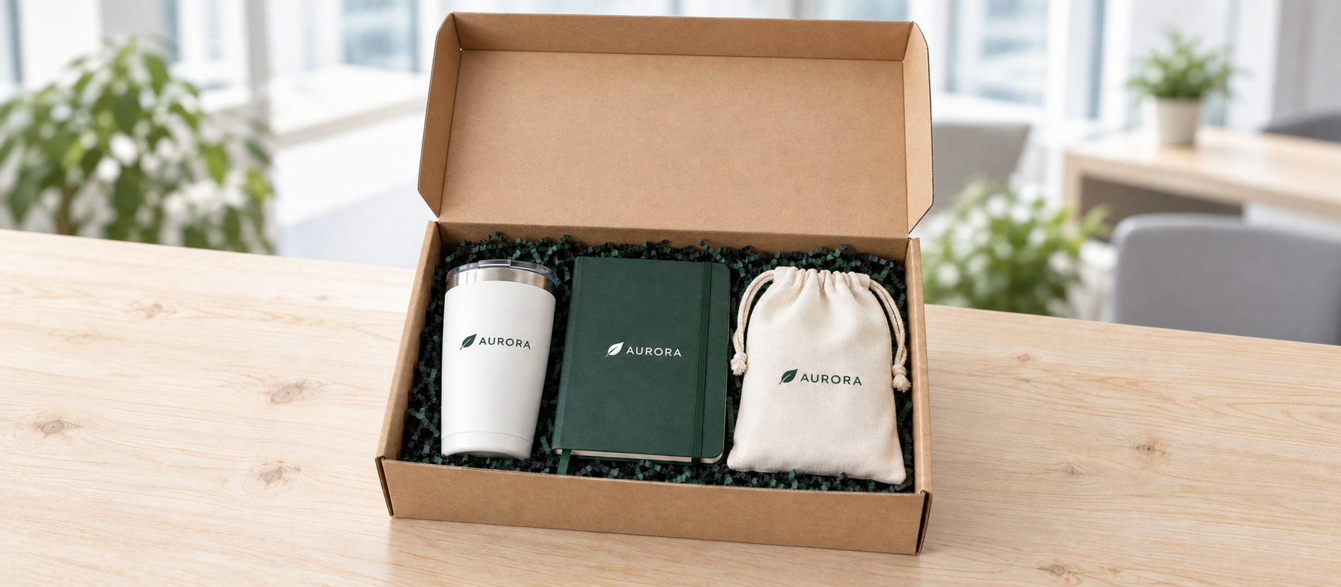 An open kraft gift box containing coordinated branded gifts and protective packaging.