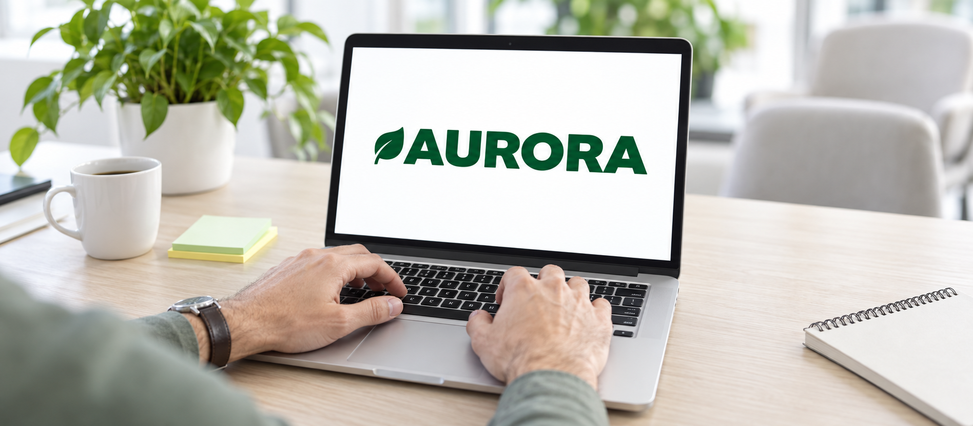 A distributor working at a laptop with the AURORA brand on screen.